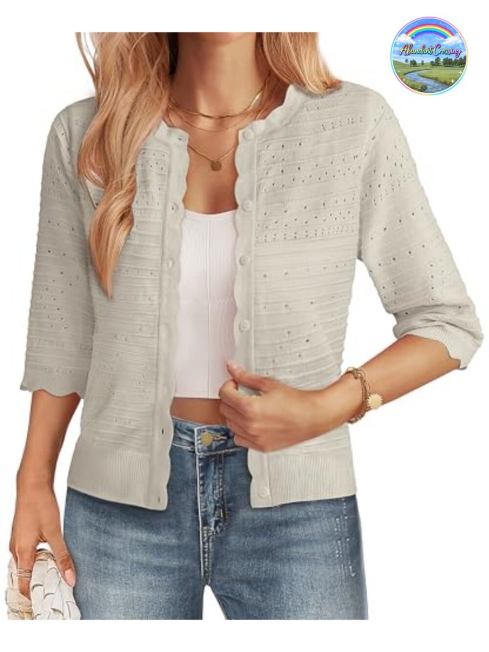 Lightweight Cropped 3/4 Sleeve Cardigan Shrug Button Down Knit Women